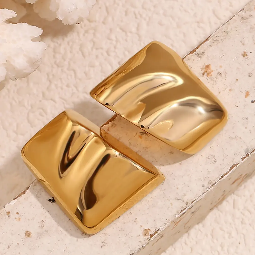 Engraved Water Wave Geometric Stud Earrings For Women Gold Plated Stainless Steel Fashion Jewelry