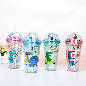 GZYSL RTS Cangkir Minum Anak Lapisan Ganda, Boneka Dinosaurus Lucu Glitter 16OZ Cangkir Tumbler Plastik dengan Tutup Kubah dan Sedotan - Product Image 3