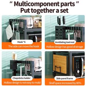 Customize Multifunctional Carbon Steel <b>Kitchen</b> Storage Rack Fixed Microwave Countertop Shelf with <b>Hook</b> Chopsticks Knife Holder - Product Image 3
