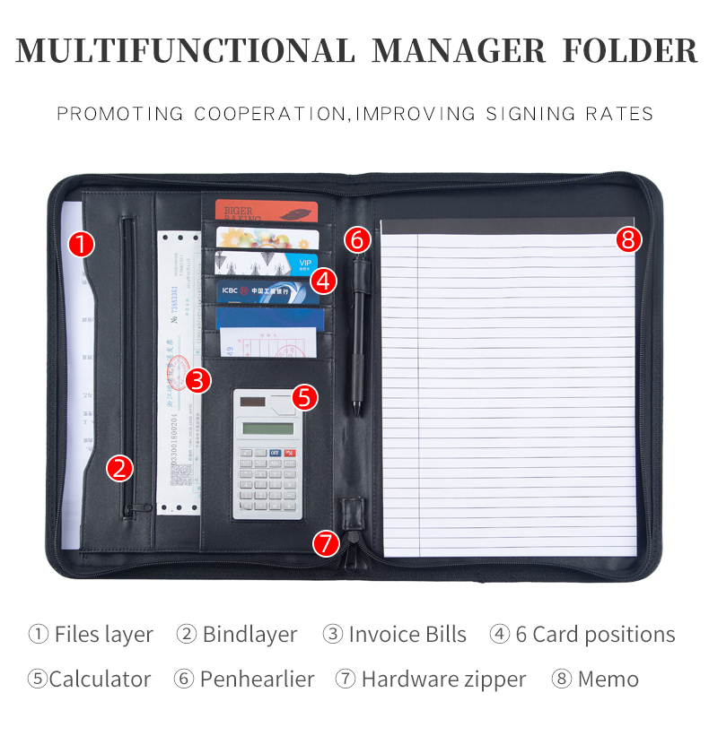 Custom design a4 size folder zip a4 personalised conference folder leather document folder a4 leather