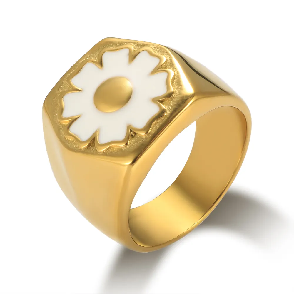 Cincin Geometris Bunga Aster Enamel Bohemia, Perhiasan Cincin Berlapis Emas 18K untuk Wanita