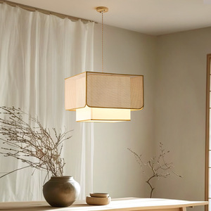 Lampe suspendue rectangulaire de style chinois, dorée, E27 LED, protection des yeux, pour table à thé, salle à manger, décoration Zen - Product Image 1