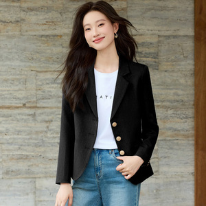 Women's Black Short Blazer Solid Color Polyester Anti-Wrinkle Casual Suit Jacket For Petite Women - Product Image 1