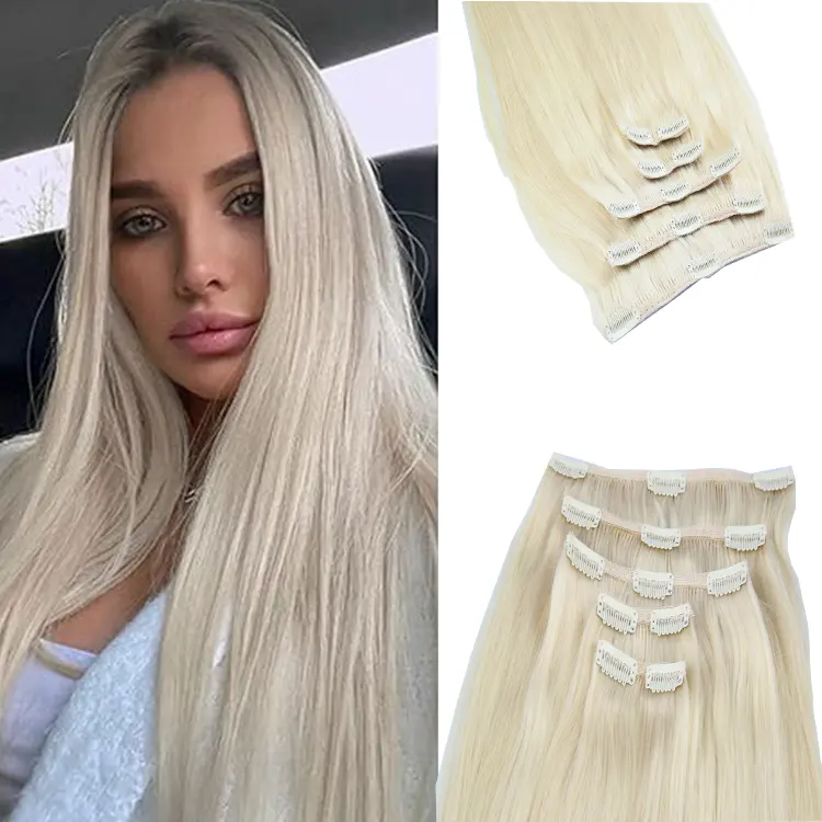 Double Drawn Seamless Clip In Human Hair Extension Unprocessed Brazilian Human Clip In Hair Extension