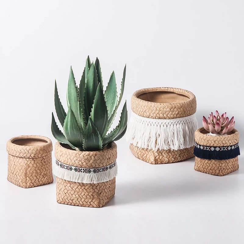 Farmhouse Weave Pattern Cement Succulent Planter – Tassel Bag Shape Pot with Drainage - View 2