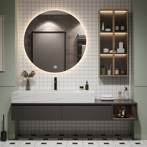 Customizable Italian-style luxury stone slab seamless ceramic basin smart <b>mirror</b> modern minimalist bathroom Cabinet - Product Image 4