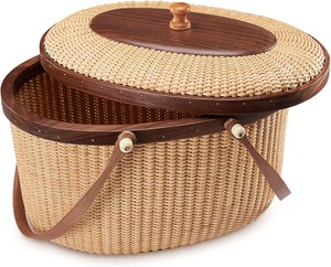 Cesta de mimbre de fresno duro con tapa y asas de madera, cesta artesanal con doble asa de madera, cesta de picnic para exteriores - Product Image 2