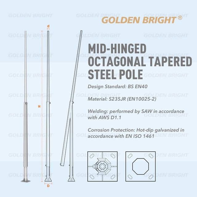 Golden Bright Mid-hinged Octagonal Tapered Steel Pole 20m Durable