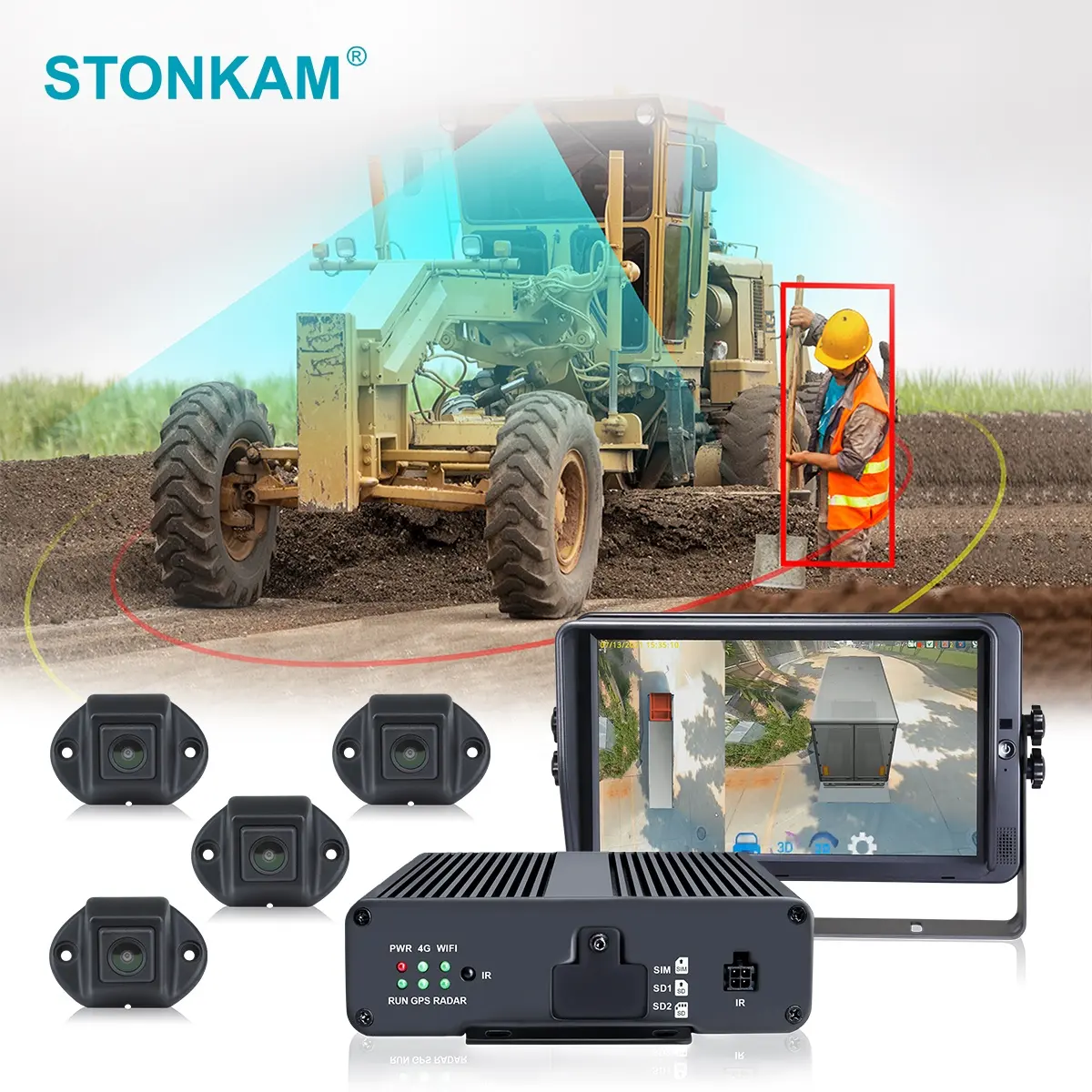 STONKAM AI 360 กล้องมองตานกสําหรับรถบรรทุก 4CH 1080P สอบเทียบอัตโนมัติการตรวจจับคนเดินถนน LDW FCW BSD 3D GPS ตัวเลือก