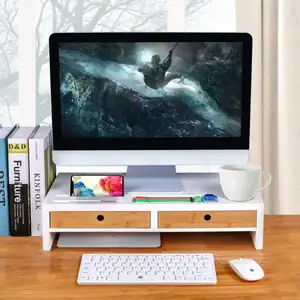 Rak Ponsel Laptop Komputer, Dudukan Riser Desktop Organizer Keyboard Tablet, Dudukan Telepon Bambu dengan Laci
