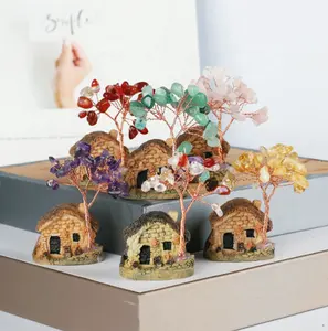 작은 집 마이크로 풍경 포춘 트리 천연 크리스탈 스톤 트리 장식품 구리 와이어 꽃다발 탁상 장식