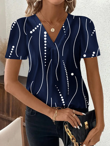 <span class=keywords><strong>Camisa</strong></span> informal para <span class=keywords><strong>mujer</strong></span> Top Stripe Print Blusa de manga corta con cuello en V para damas - Product Image 5