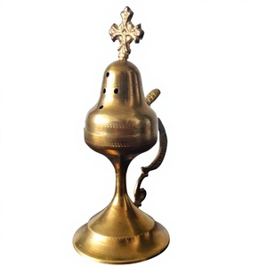 Brûleur d'encens antique en laiton finition vieillie, avec croix sur le dessus, cadeau religieux, fait main, pour présentation sur table, brûleur de Bakhoor, fourniture pour église chrétienne - Product Image 1
