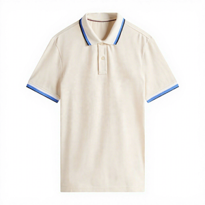 เสื้อโปโลแขนสั้นสีครีมสำหรับผู้ชาย คอเสื้อแต่งขอบสีน้ำเงิน ผ้าฝ้ายถักแบบลำลอง ระบายอากาศได้ดี ทรงปกติ - Product Image 1