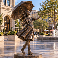 Statue de Fille en Bronze Parapluie, Sculpture de Jardin, Fontaine en Métal Cuivre