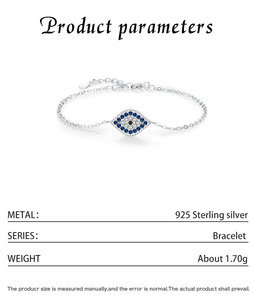 S925 Silver Chain <b>Bracelet</b> With Blue Crystal style Eye Rhodium Plated Classic Unisex Everyday Wear Jewelry - Product Image 2