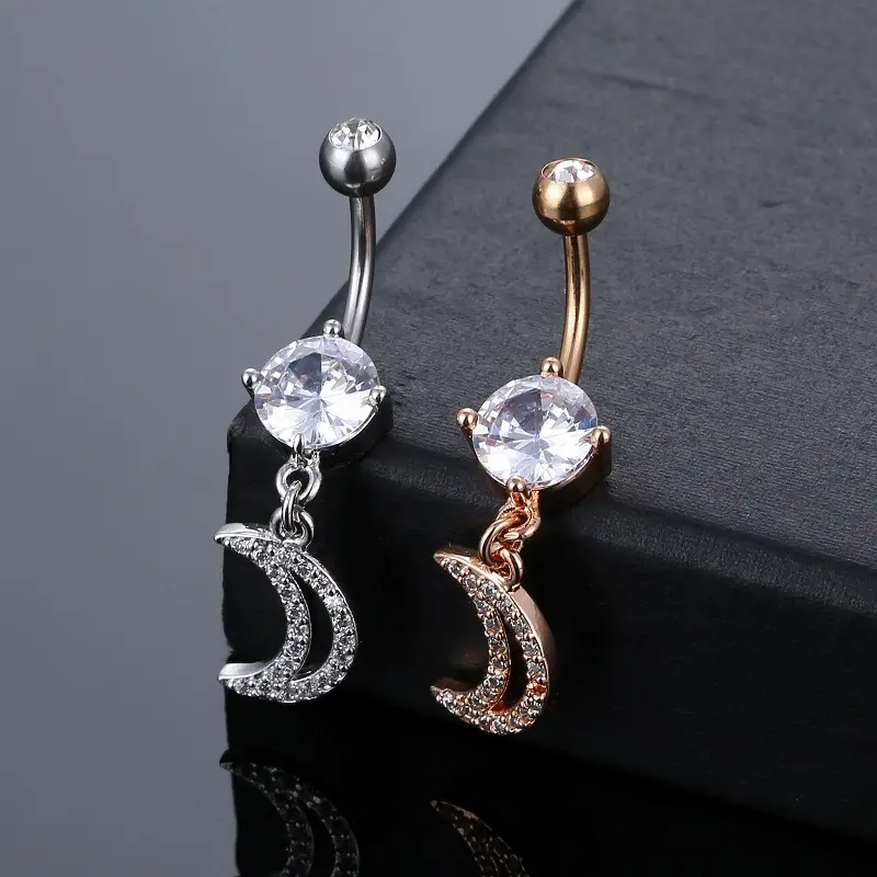 Mode Zilver Goud Navel Piercing Sieraden Ontwerp Ronde Zirkoon Belly Button Ring Hollow Lange Crystal Moon Belly Button Ring