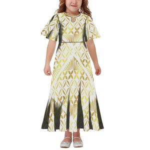 1 MOQ personalizzato bianco dorato Tapa polinesiano stampa tribale ragazze vestito in melesia Design Casual per bambini <span class=keywords><strong>vestiti</strong></span> per bambini - Product Image 1