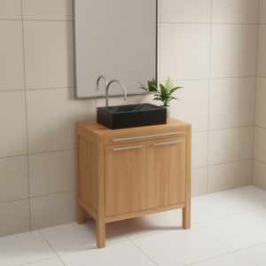 Meuble de salle de bain en teck massif avec vasque en marbre noir, design moderne, style contemporain, finition claire, sur pied - Product Image 2