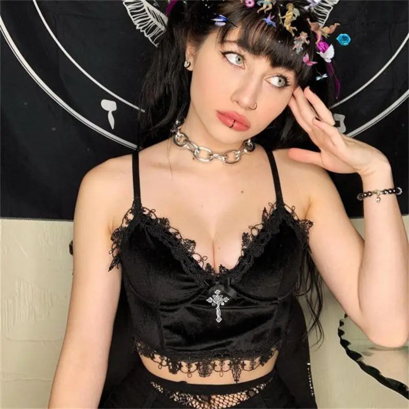 Gotik Kamisol Beludru Seksi Gelap Wanita Rompi Grunge Retro Atasan Crop Alternatif Potong Renda Goth Mall Harajuku