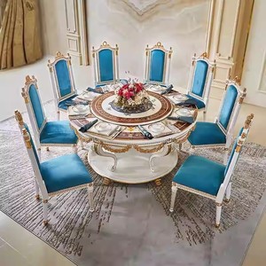 Tavolo <span class=keywords><strong>da</strong></span> <span class=keywords><strong>Pranzo</strong></span> e Sedie in Stile Francese con Intarsi in Conchiglia, Lussuoso Tavolo Rotondo Intagliato Europeo con Ruota Girevole per Villa e Ristorante - Product Image 1
