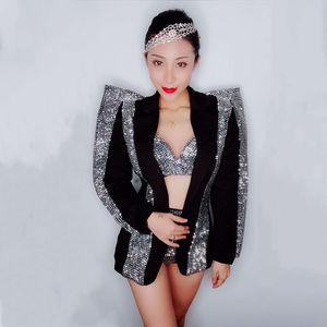 Traje <span class=keywords><strong>De</strong></span> Escenario Sexy Rhinestone Bikini Blazers Conjuntos Mujeres Club Traje Trajes Stripper Gogo Dancer Stage Performance Disfraces - Product Image 6