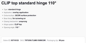 70t3550.tlmb blu m कैबिनेट साधारण दरवाजा निकल गया bcor कोई वसंत नहीं है टिप-ऑन क्लिप शीर्ष मानक हिंज 110 डिग्री - Product Image 2