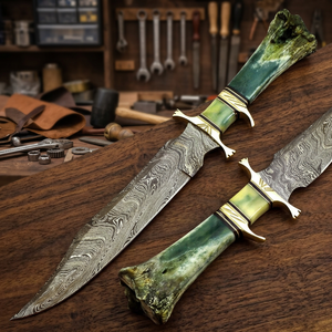 Premium Damascus Steel Straight Edge Clip Point Durable Camping Bowie <b>Knife</b> Green Camel <b>Bone</b> <b>Handle</b> Brass Guard OEM Logo Leather - Product Image 3