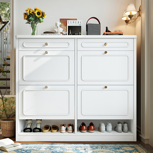 <span class=keywords><strong>Meuble</strong></span> à chaussures en bois avec 4 tiroirs rabattables, armoire à chaussures avec 2 tiroirs de rangement, rangement classifié et style farmhouse, blanc - Product Image 3