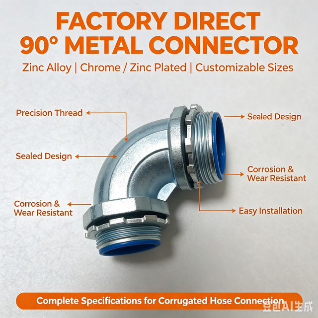 90 Female Thread Metal Connector Heavy Duty Zinc Alloy Die Cast Chrome Plated Liquid Tight Conduit Fitting IP67 Waterproof