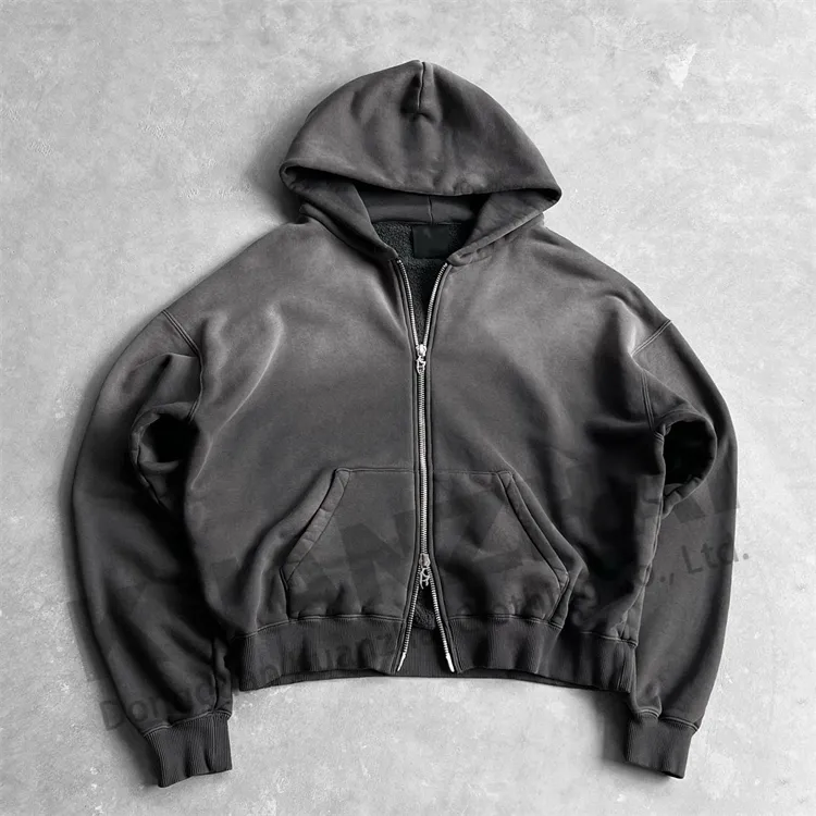 Personalizado preto em branco colheita pullovers fabricante homens ácido wash heavyweight cropped oversized zip up hoodie