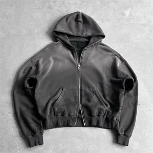 custom black blank crop pullovers manufacturer men acid wash heavyweight cropped oversized zip up hoodie