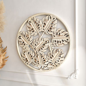 Décoration murale artisanale en bois rustique pour la maison, grand accent rond avec motif paysager, couleur blanche, lavable - Product Image 1