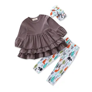 WHS129 Autumn Winter Cute Pretty Infant Baby Girls Clothes 3PCS Ruffles Sleeve Letter Floral Pink Pullover Tops + Pants + Headband