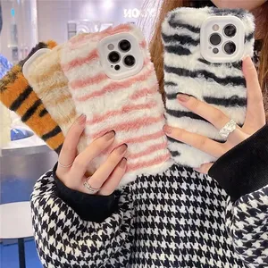 luxury leopard texture camera protector rabbit fluffy phone case for iphone 11 12,for iphone 13 fluffy case for women