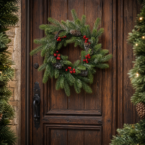 Guirlande de Noël rustique en PVC avec feuillage et fruits rouges, personnalisable avec logo, pour décoration intérieure et extérieure, idéale pour les fêtes de Noël. - Product Image 1