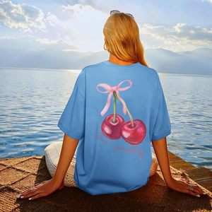 FOXA Oversized Cherry Printed T-Shirt Women 100% Cotton Breathable Summer Top With <b>Bow</b> Decoration - Product Image 4