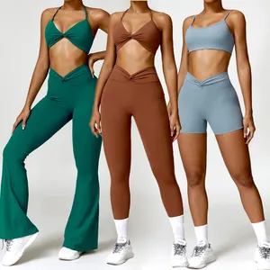 Conjunto de yoga atlético sin costuras AOLA Fitness Gym Wear ropa deportiva para mujer con estilo de mallas y pantalones acampanados con sujetador para entrenamientos