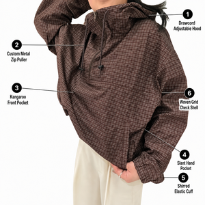 XINHUI Dark Brown Plaid Half-Zip Hooded Lightweight Anorak Custom OEM ODM Mens Womens Casual Outerwear MOQ 50 Pcs - Product Image 1