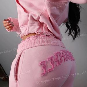 Conjunto de Sudadera con Capucha y Pantalones Jogger para Mujer, Novedad 2026, Personalizado, con Lavado Ácido, Efecto Desgastado, Bordado de Parches, Estilo Oversize Corto y Cremallera - Product Image 2