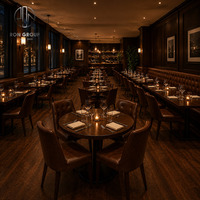 Ensemble de meubles sur mesure Ron Group, table carrée en bois massif, chaise rembourrée en cuir, banquette à dossier haut capitonnée pour restaurant