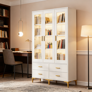 Libreria Modulare Moderna Europea Bianca Autoportante in Acciaio con Luce LED, 2 Cassetti, Ecologica e Multifunzionale per Soggiorno - Product Image 1