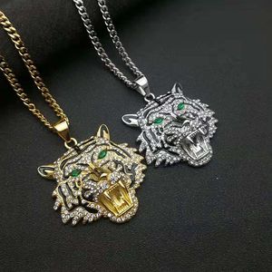 Collier pendentif tête de tigre Yunnique en acier inoxydable plaqué or avec sertissage pavé, bijoux hip-hop pour homme, cadeau - Product Image 1