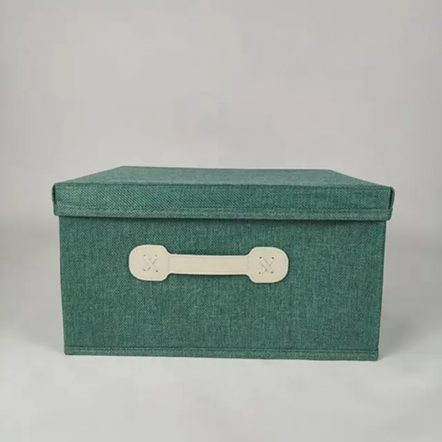 Caja de almacenamiento de yute verde con asa de cuero para niños, cesta de tela plegable, cofre de juguete negro con tapas