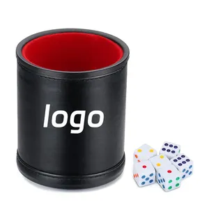 Tasse à dés en cuir doublé de feutre Ensemble de tasses à dés professionnelles avec 6 dés en plastique de 16mm Intérieur silencieux Shaker pour jeux Yahtzee - Product Image 1