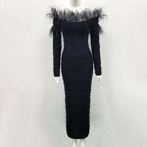 • Ultimo arrivo Off spalla piuma sottile chiodo perlina <span class=keywords><strong>abito</strong></span> da festa <span class=keywords><strong>bianco</strong></span> abiti a maniche lunghe abiti da sera - Product Image 3