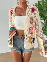 Nationaler Stil Häkelarbeit Regenbogen Langarm-Cardigan Handgestrickter Pullover mit Durchbrochenem Oberteil