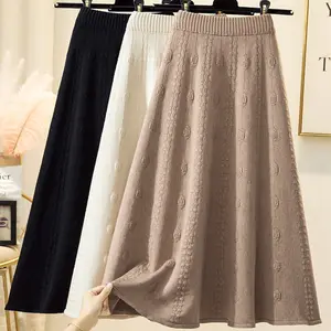 High Waist Big Swing Knitted Skirt Women Autumn And Winter New Fashion Mid-length Temperament Pure Color A-line Skirt
