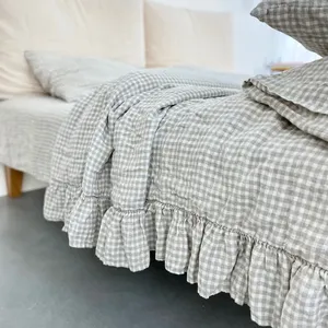 100% Linen Duvet Cover Set 3 Piece Vintage Ruffled Soft <strong>Plaid</strong> Fabric High End French Linen <strong>Bedding</strong> Hand Woven - Product Image 1
