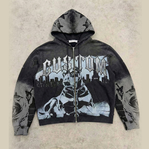 เสื้อฮู้ดดี้ผู้ชายสไตล์สตรีทแวร์ ทรงโอเวอร์ไซส์ ไหล่ตก ซิปหน้า ผ้าหนา 400 GSM สีดำ พิมพ์ลายดิจิตอลแบบ Acid Wash ผลิตตามสั่ง (OEM) - Product Image 1